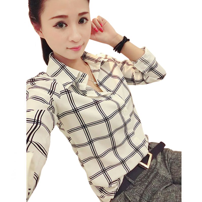 Women Chiffon Tops Long Sleeves Printed Check Shirts font b Plaid b font Shirts Plus Size