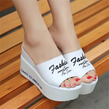 2016 Fashion Flip Flops Women word High Heel Slippers Summer Shoes Leather Soft Platform sandals Ladies Wedges Womens Shoes 350