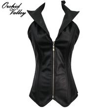 2016 New Sexy Women Zipper Black Leather Push Up Steel Bone Waist Training Corsets Vest And Bustiers Tops Steampunk Clothing