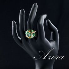 AZORA 18K Real Gold Plated Green Rectangle Stellux Austrian Crystal Oil Painting Pattern Ring TR0024