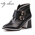 Genuine Leather Black Round Toe Square Low-heels Women Fashion Ankle B