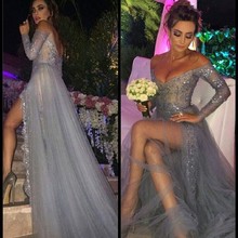 Vestidos De Festa A Line Deep V Neck Open Back Beaded Tulle Side Slit Women Party Gowns Long Grey Prom Dresses With Long Sleeves