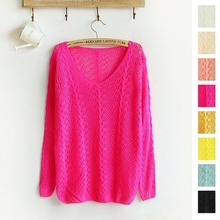 Free shipping 2015 New Candy Color Small Twist V neck Long sleeved Hollow Smock Women Sweater