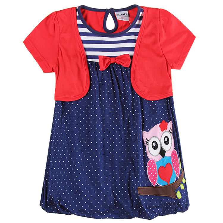 Nova kids wear 2015 fashion design lovely owl pattern embroidered with dot hemline short sleeves baby girls dress wholesale