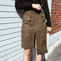Shelikeit Suede Leather Women Casual Skirt Vintage Fur Pockets Preppy Knee Length Skirt Winter High Waist