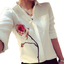 Rose Flower Printed Long Sleeve Blouse Women Turn Down Collar Chiffon Shirts White Big Size Women Clothes