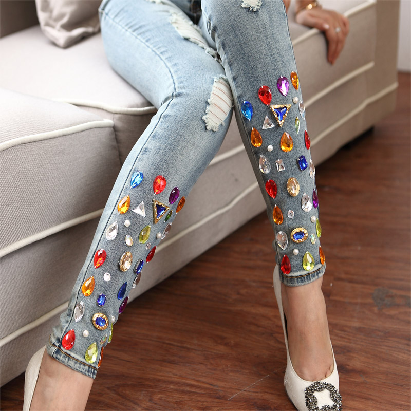 2015 Womnes Plus Size Elastic Rhinestone Skinny Jeans Pencil Body 9007