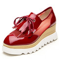 Free shipping 2015 summer brand design red Flat Platform flats genuine leather lace up woman shoes
