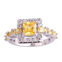 Pretty Style Twinkling Princess Cut Citrine White Sapphire 925 Silver Ring Size 6 7 8 9 10 Women Jewelry Wholesale Free Shipping