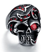 Biker Men’s Jewelry Stainless Steel Ring Garnet Red Simulated Cz Eye Skull Silver Black Gothic Size 8-12