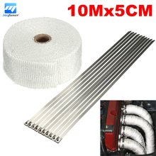 10M White Motorcycles Exhaust Header Pipe Wrap Heat Manifold Insulation Cloth Roll With 10 Stainless Ties