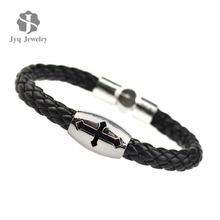 2015 Popular Cool Bracelets & Bangles Religious Diamond Cross Snake Braid Leather Bracelet Fine Jewelry