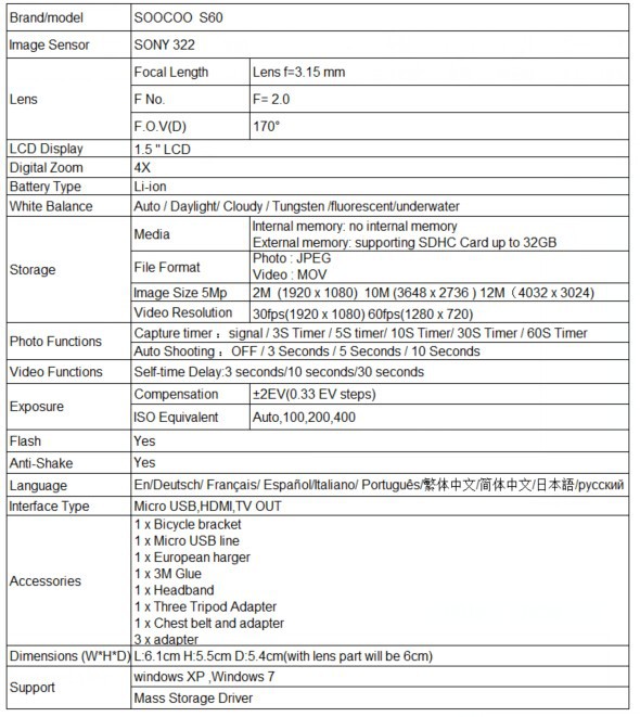 soocoo s60 Specification