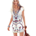 Sexy Deep V Neck Print Retro Vintage Dress Women 2016 Fashion Ladies Short Sleeve Mini Summer