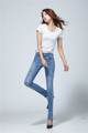 New Fashion 2016 High Elastic Cotton Women s Blue Mid Waist Torn Jeans Ripped Hole Knee