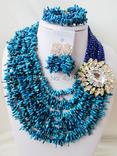 Amazing! Royal Blue Crystal and Blue Coral Beads Costume Necklaces Nigerian Wedding African Beads Jewelry Set TC172