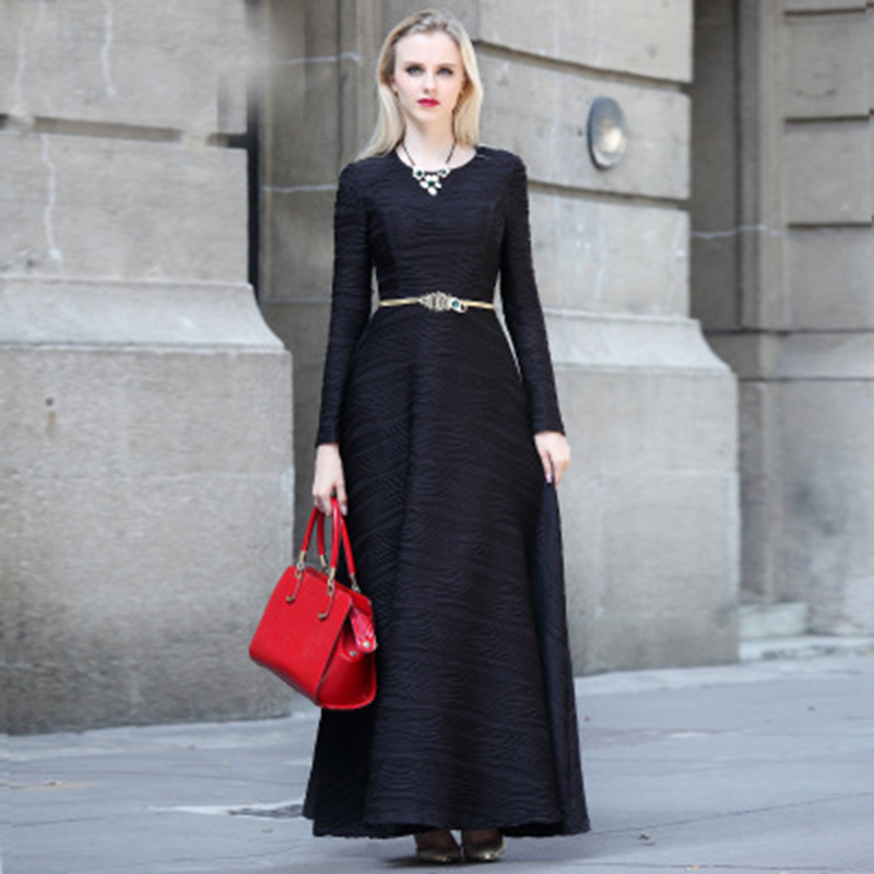 Casual Dress 2016 Autumn Winter New Runwy Brand Jacquard Slim Full Sleeve Ankle Length Belt Fashion Brief Black Dress