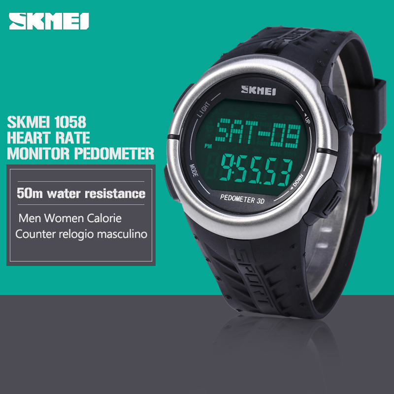 SKMEI 1058 Heart Rate Monitor Pedometer Sport Watches 50M Waterproof Digital Watch Men Women Calorie Counter