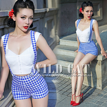 FREE SHIPPING Wild cat limited pin up sweet all-match blue white plaid slim high waist hip bib pants