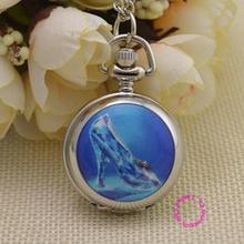 blue Cinderella crystal shoe pocket watch necklace girl ladies good quality lady kid women silver