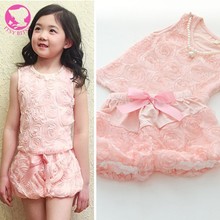 2015 New Arrival Children Girl Summer Clothing Set Baby Girls 3D Rose 2pcs Set Pink Floral Vest + Pants Suit