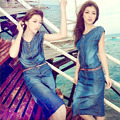 Women Fashion 2016 Summer Denim Dress Jeans Bodycon Midi Korean Elegant Sleeveless Slim Casual Dresses With