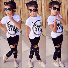 2016 New Fashion Kids Girls Clothes Set Little Girl Summer Short Sleeve T-Shirt and Hole Pant Leggings 2PCS Outfit Children Set