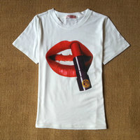 Elina\'s shop New 2015 harajuku summer sexy Red Lip print t shirt women clothing feminina camisetas y tops ropa mujer s m l xl