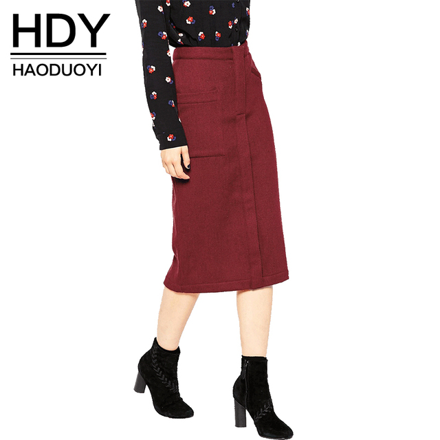 HDY Haoduoyi 2016 Осень Женщины Мода Твердые Красное вино с Высокой Талией Тонкий Midi Юбка Коммутирующих Двойные Карманы Случайные Юбки
