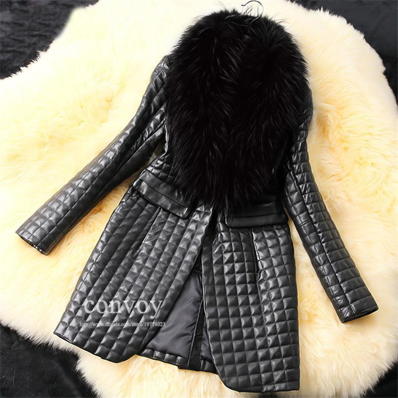  Womens Faux Fur Leather Coat With Raccoon Collar Ladies Sheep Fur Slim Top Outwear Jacket Winterwear Plus Sizes WT148
