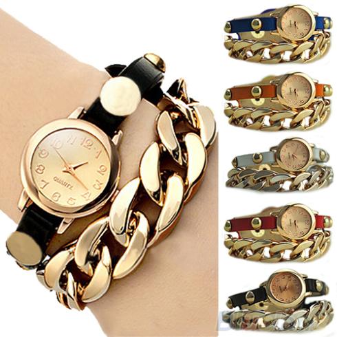 New Arrived Women s Punk Golden Dial Faux Leather Chain Analog Quartz Bracelet Wrist Watch 146O
