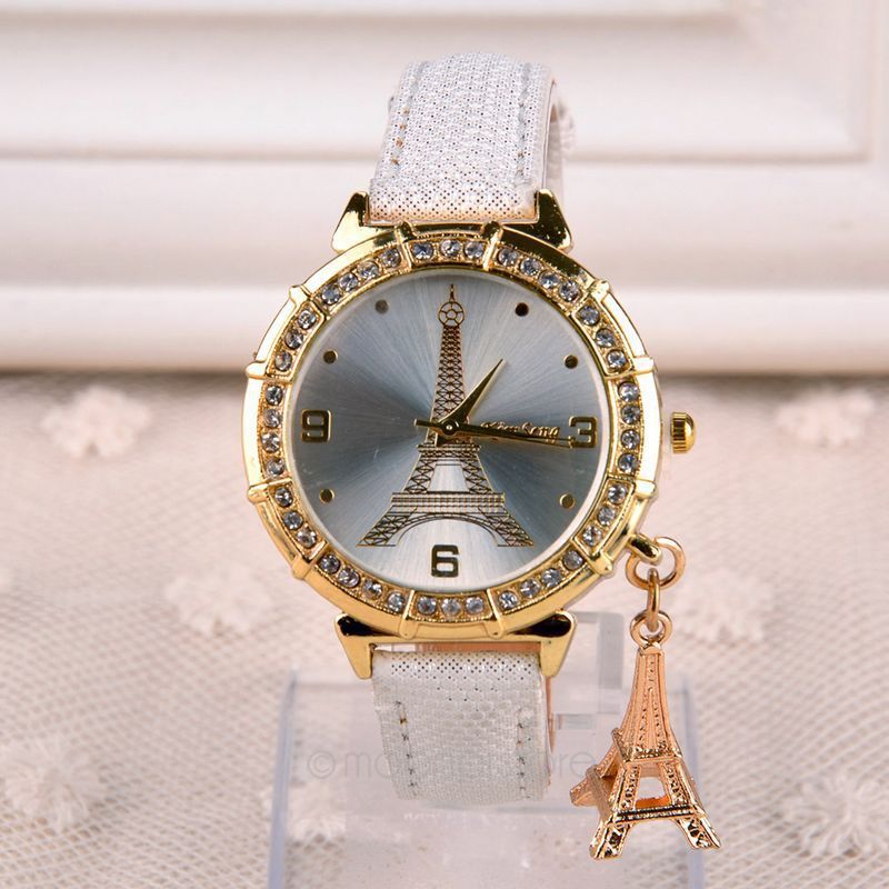 Women PU Leather Band Quartz Wrist Watch with Tower Style Rhinestones Tower Ornament MPJ629