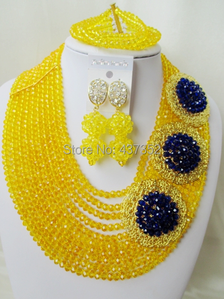 Amazing Yellow Royal Blue Crystal Nigerian Necklaces African Beads Wedding Jewelry Set 2015 New Free Shipping NC296