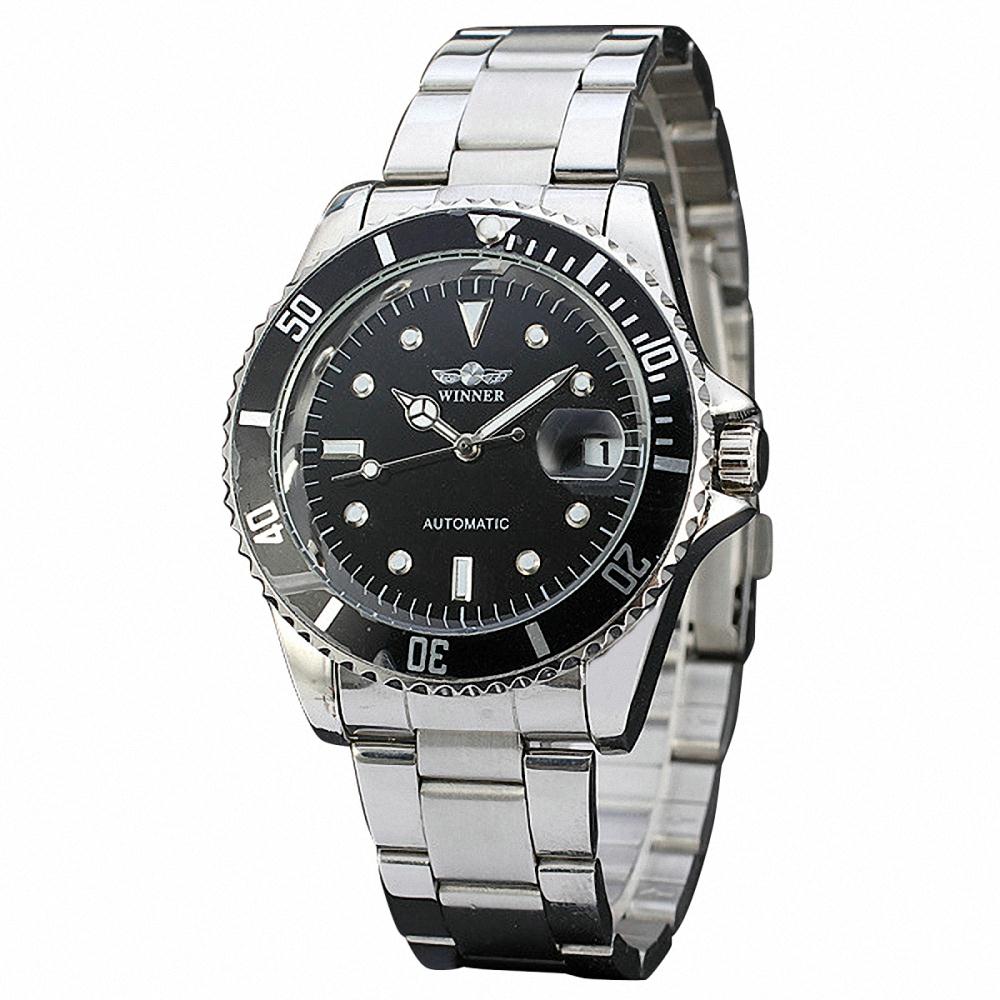 WINNER Best Sale Men Classic Business Automatic Mechanical Wrist Watch Stainless steel Band Rotation Case Calendar