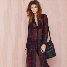 New Sexy Perspective Split Plaid Women Long Blouse Tartan Vintage Sheer Cardigan Casual Chiffon Turn-down Collar Female Shirts