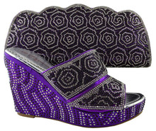 Fashionable wedge boat shoes match bag series with beading African shoes and handbag sets for party 1308-L62 purple,heel 11.5cm