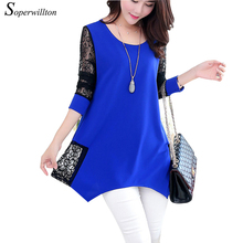 SPWT 2016 Summer Casual Blusas Women Blouses Work O-neck Patch or k Plus Size 6XL Lace Blouse Long Sleeve Top Female Shirts D502