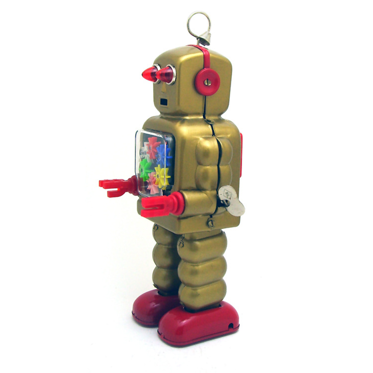 Wind Up Gear Robot High Wheel Gold Schylling Tin Toys NEW! 