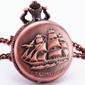 Vintage Retro Antique Nautical Sailboat USS Constitution Copper Quartz Pocket Watch Pendant Sweater Chain Clock Gift