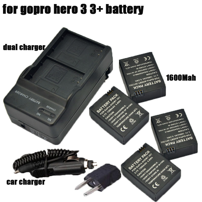 GoPro Battery Go Pro Accessories 4 Pcs GoPro Hero 3 Batteries With Dual Charger car charger For GoPro hero3 Hero 3 3+ Camera