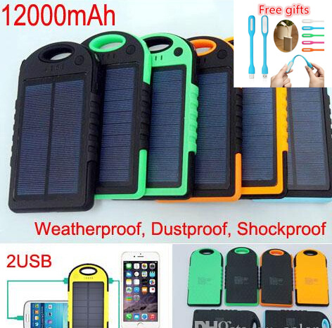 Shockproof Waterproof 12000mAh Solar Charger Battery 2 Ports Solar Panel backup power bank for Cell phone iphone 6s Samsung Shockproof Waterproof 12000mAh Solar Charger Battery 2 Ports Solar Panel backup power bank for Cell phone iphone 6s Samsung