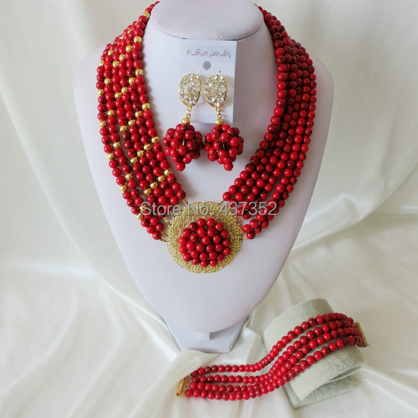 Handmade Nigerian African Wedding Beads Jewelry Set , Red Coral Beads Necklace Bracelet Earrings Set CWS-389