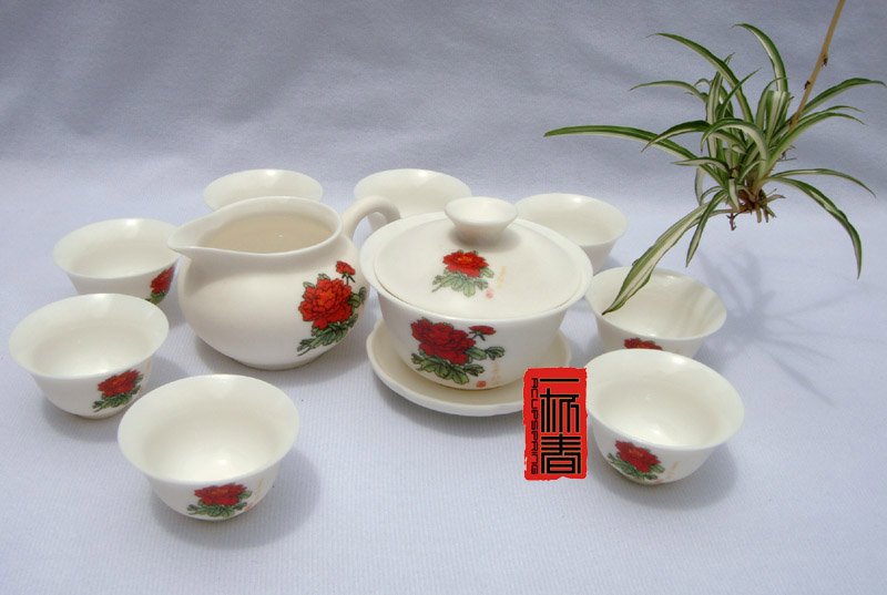 10pcs smart China Tea Set Pottery Teaset Peony A3TM25 Free Shipping