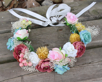 Colorful flower wedding Bridal head wreath flower Crown Headband Fabric Rose wreath Garland sea Decoration accessories wreath