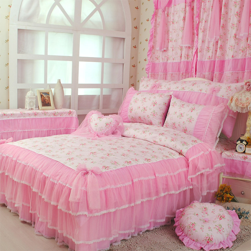 Free Shipping princess pink lace floral ruffle bow bedding sets,twin