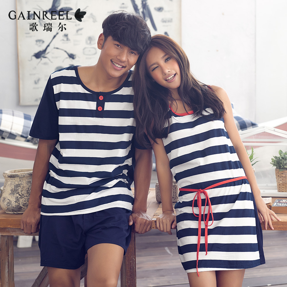 Striped cotton nightdress sexy song Riel Ms simple and comfortable pajamas male home service package bustling