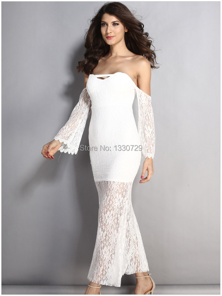 2015 Lace White long Prom Dresses Boat Neck long Sleeve elegant sexy Mermaid dress for women plus size Vestido Longo de noite