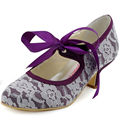 Woman Wedding Shoes A3039 Purple Closed Toe Low Heel Mary Jane Ribbon Tie Lace Bride Bridesmaid