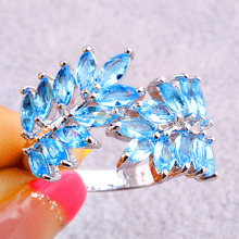 Saucy Olive Branch Design New Fashion Blue Topaz 925 Silver Ring Size 7 8 9 10Women