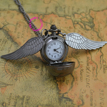 hot fashion popular retro antique black wing gold snitch quartz ball pocket watch necklace women hour
